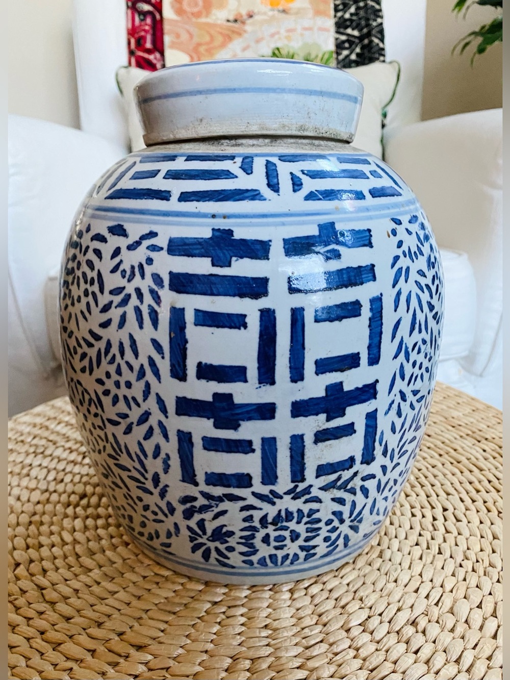 VTG Ginger Jar Blue White Chinese Double Happiness Lid Chinoiserie Large 10”